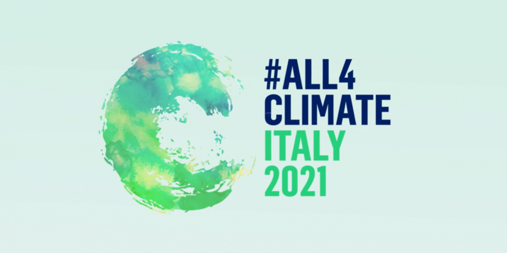 "#All4Climate Italy 2921." A painterly blue-green logo lends a wave of color to the graphic.